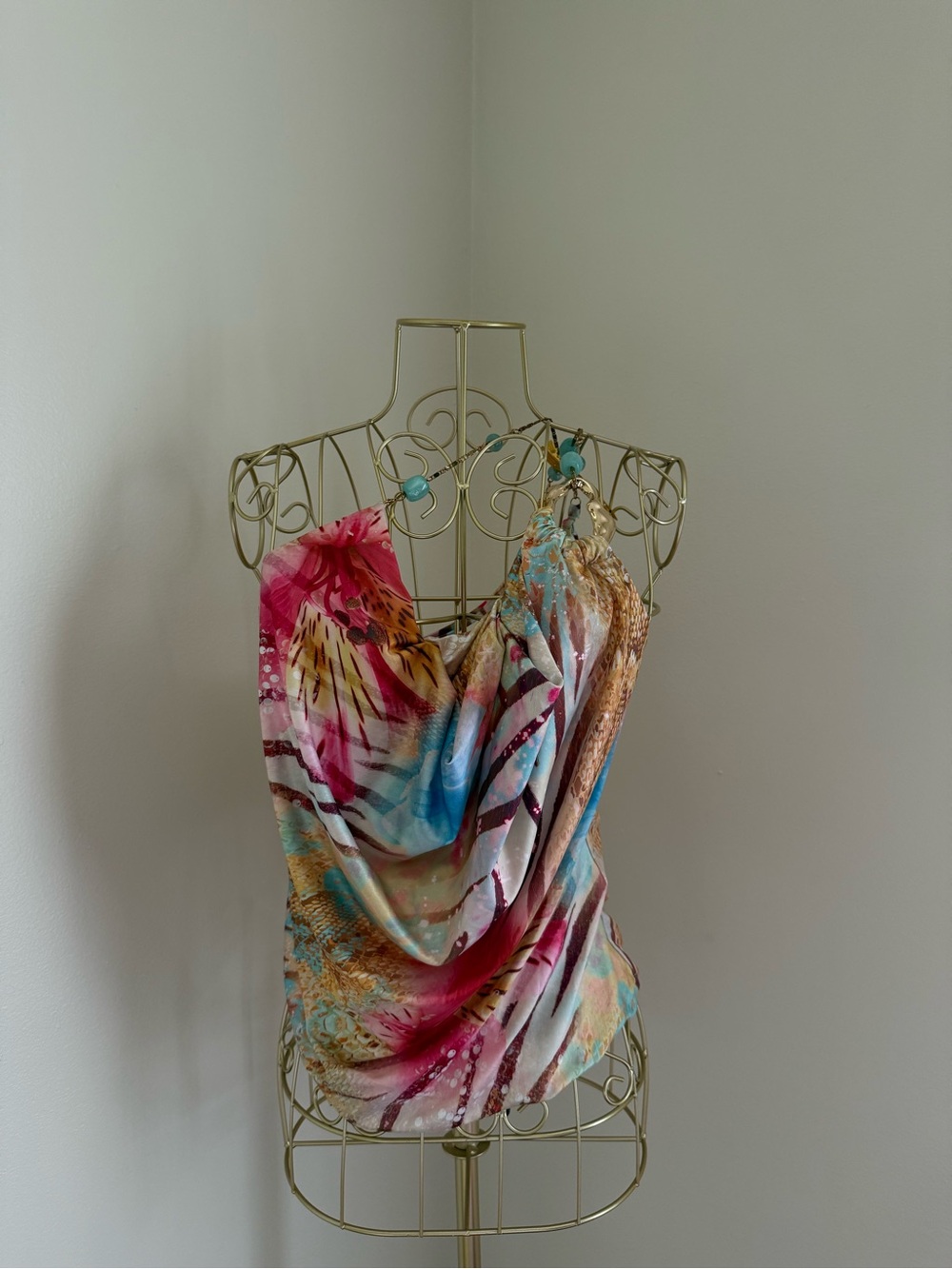 Multicolor Draped Crop Top with Turquoise Accent - Women